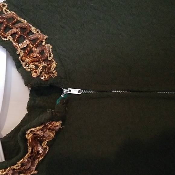 Vintage, M-L, dark green, gold trim around the neck dress, Designer Unknown - Picture 3 of 5